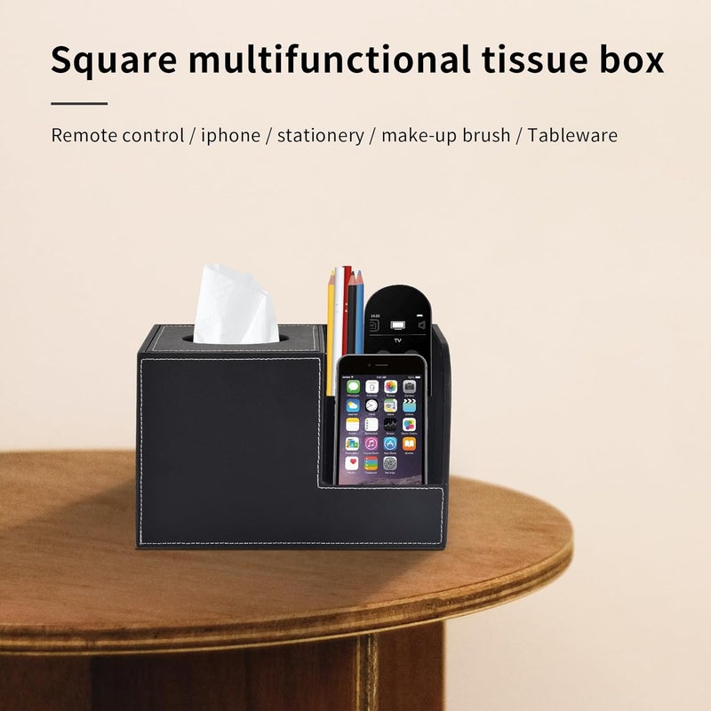 XNONE PU Leather Tissue Box Cover with Storage Square-Multifunctional Tissue Holder,Remote Control Holder,Decorative Tissues Boxes Organizer,Home Office Desktop Storage box,Black - Image 5